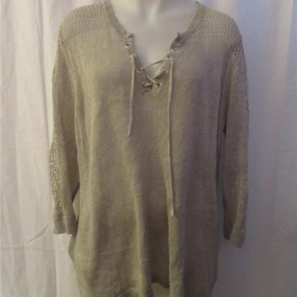 525 AMERICAN BEIGE 3/4 LACED FRONT KNIT TOP L - Picture 1 of 4